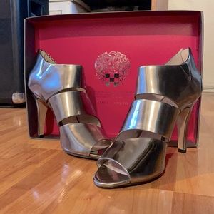 Silver, open toed ankle booties